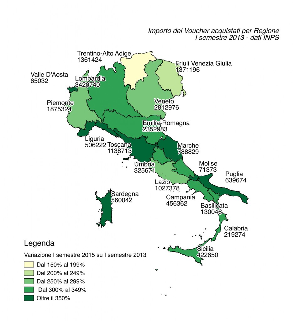 Mappa dell'Italia riproporzionata sulla base del valore nominale totale di voucher acquistato e variazione I semestre 2015 su I semestre 2013 - elaborazione su dati INPS