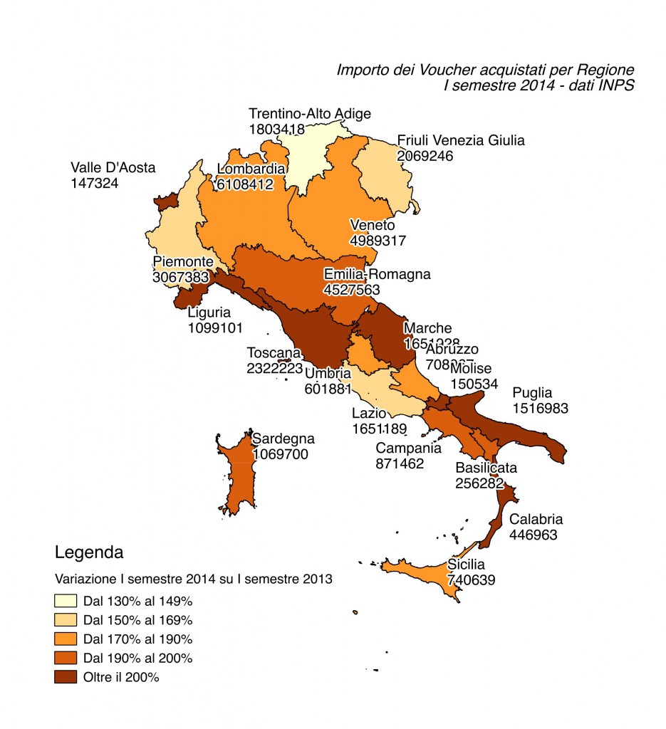 Mappa dell'Italia riproporzionata sulla base del totale di voucher acquistato e variazione I semestre 2014 su I semestre 2013 - dati INPS
