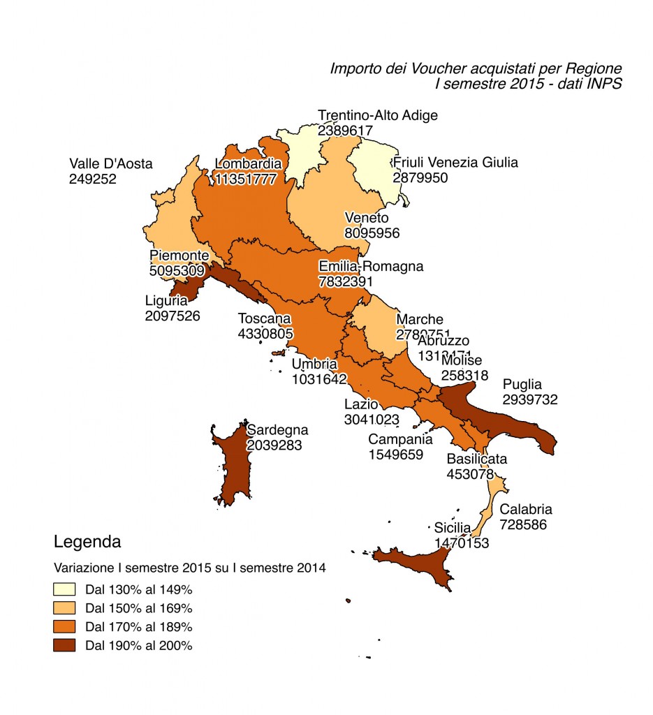 Mappa dell'Italia riproporzionata sulla base del totale di voucher acquistato e variazione I semestre 2015 su I semestre 2014 - dati INPS