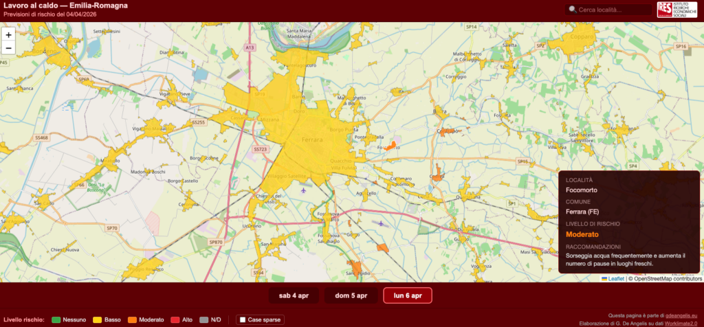 Mappa di Ferrara con le località Istat colorate per livello di rischio